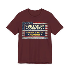GOD Family Country Service Duty Honor Unisex Jersey Short Sleeve Tee